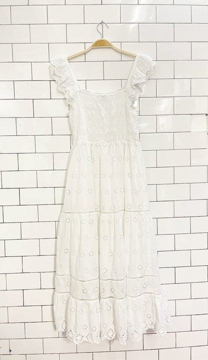 & other stories boho prairie smocked eyelet tiered midi dress - good market thrift store