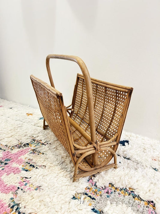 vintage 70s wicker ratan magazine holder - good market thrift store
