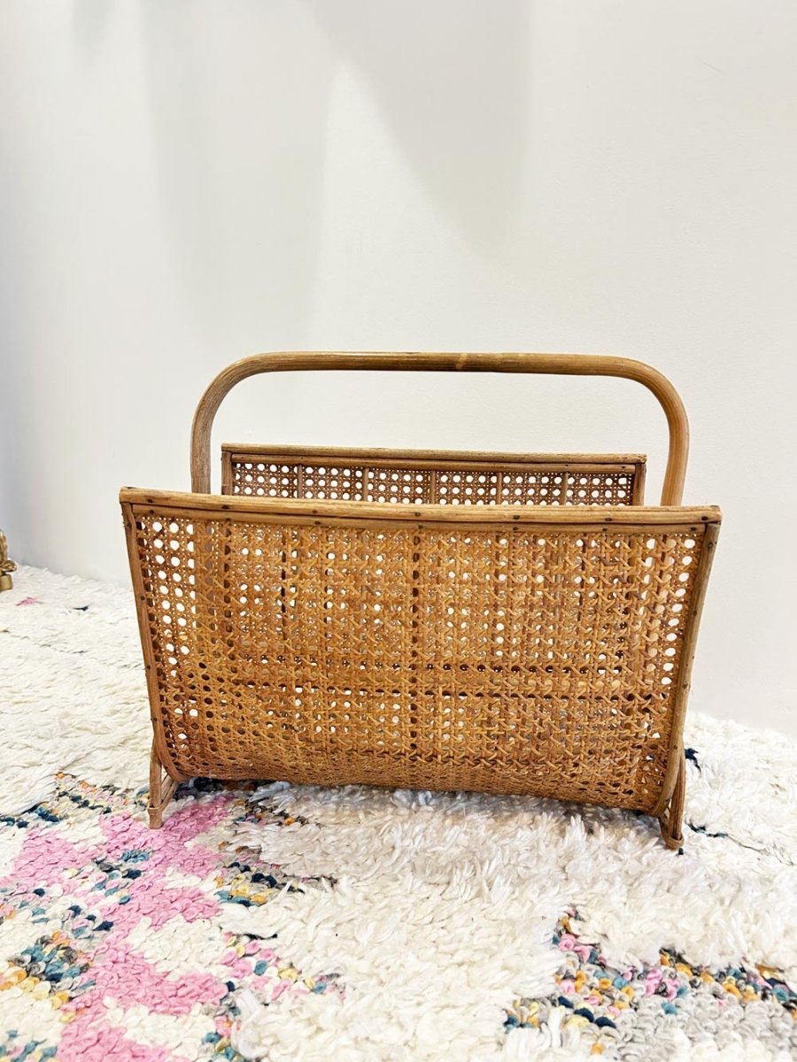 vintage 70s wicker ratan magazine holder - good market thrift store