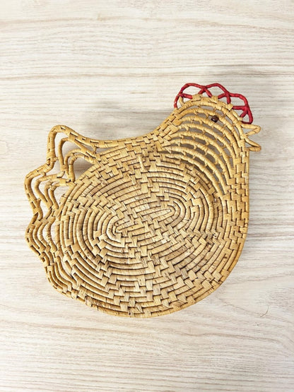 vintage 70s boho woven raffia chicken trivet coaster holder - good market thrift store