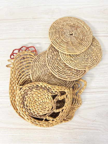 vintage 70s boho woven raffia chicken trivet coaster holder - good market thrift store