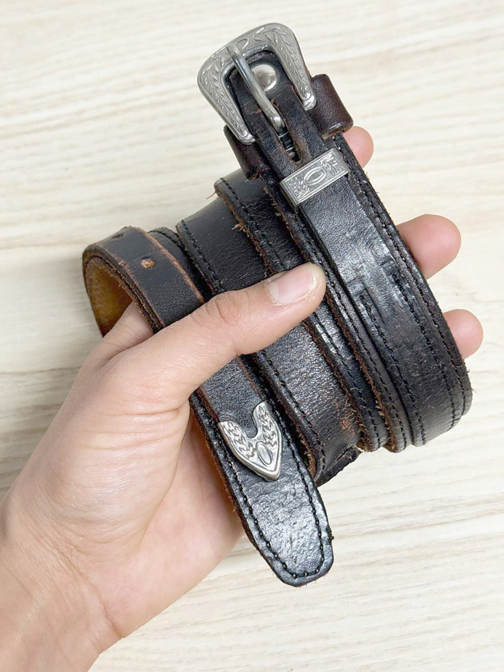 vintage leather western buckle double layer belt
