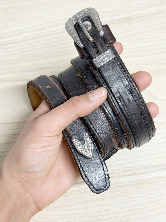 vintage leather western buckle double layer belt