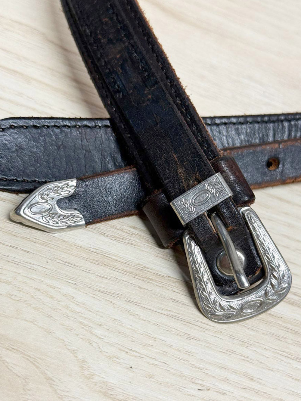 vintage leather western buckle double layer belt