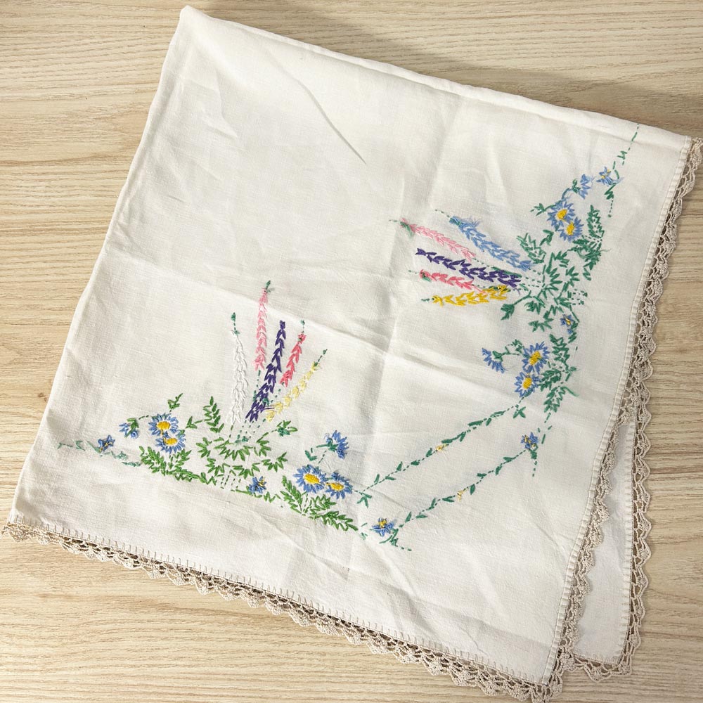 vintage embroidered floral linen table cloth - good market thrift store