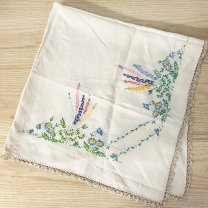 vintage embroidered floral linen table cloth - good market thrift store