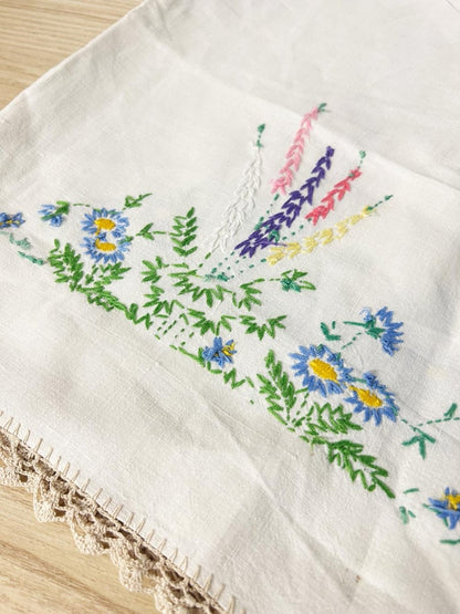 vintage embroidered floral linen table cloth - good market thrift store