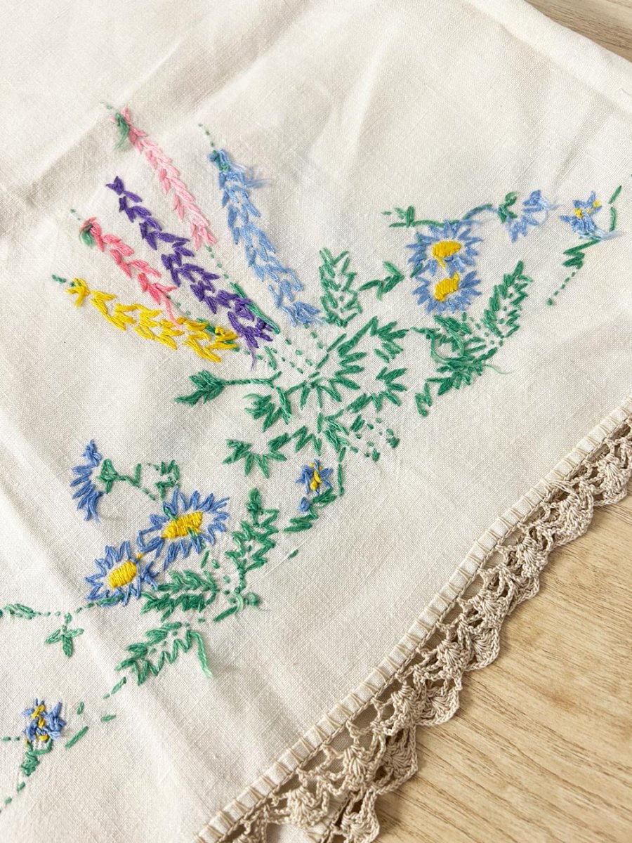 vintage embroidered floral linen table cloth - good market thrift store