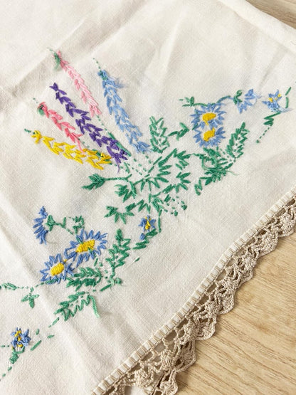 vintage embroidered floral linen table cloth - good market thrift store