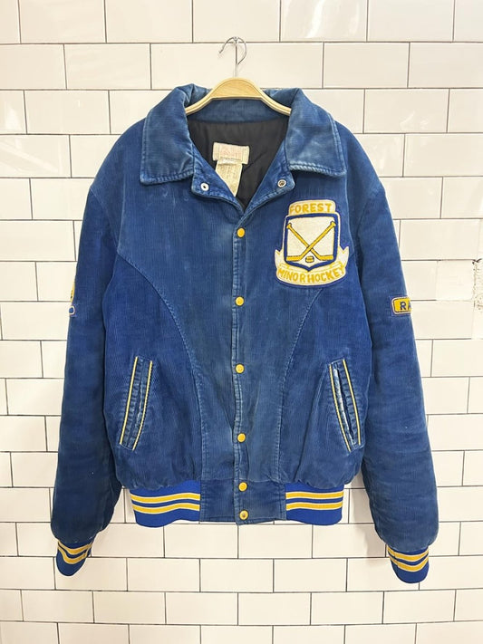 vintage 80s varsity hockey corduroy bomber jacket - good market thrift store