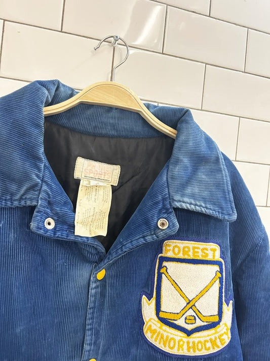vintage 80s varsity hockey corduroy bomber jacket - good market thrift store