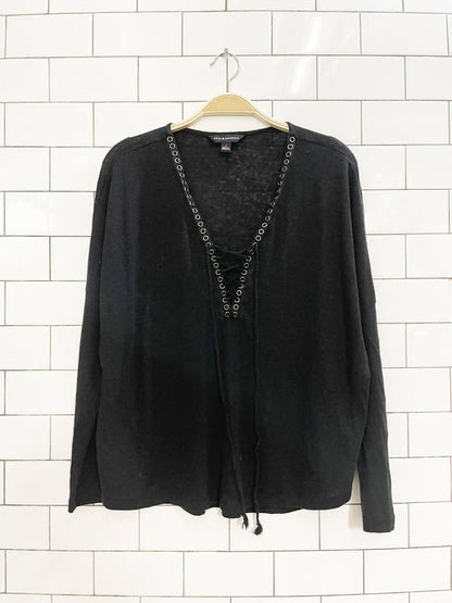 rock & republic linen - blend oversized lace up long sleeve top - good market thrift store