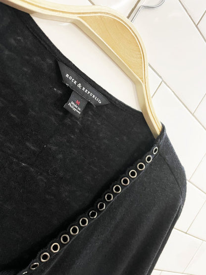 rock & republic linen - blend oversized lace up long sleeve top - good market thrift store