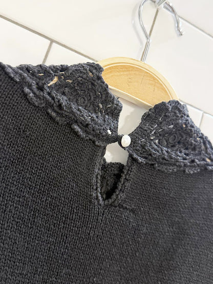 vintage crochet floral high neck pearl button knit sweater