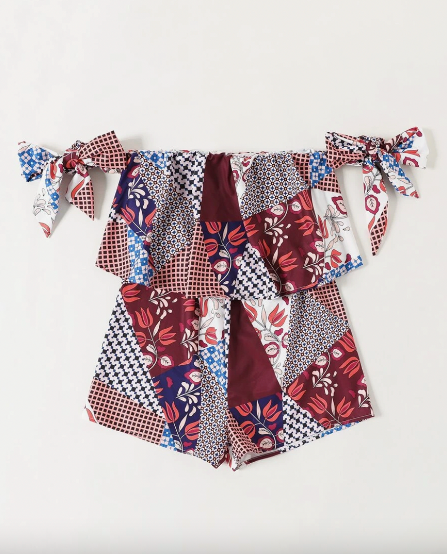 shein side knot patchwork romper