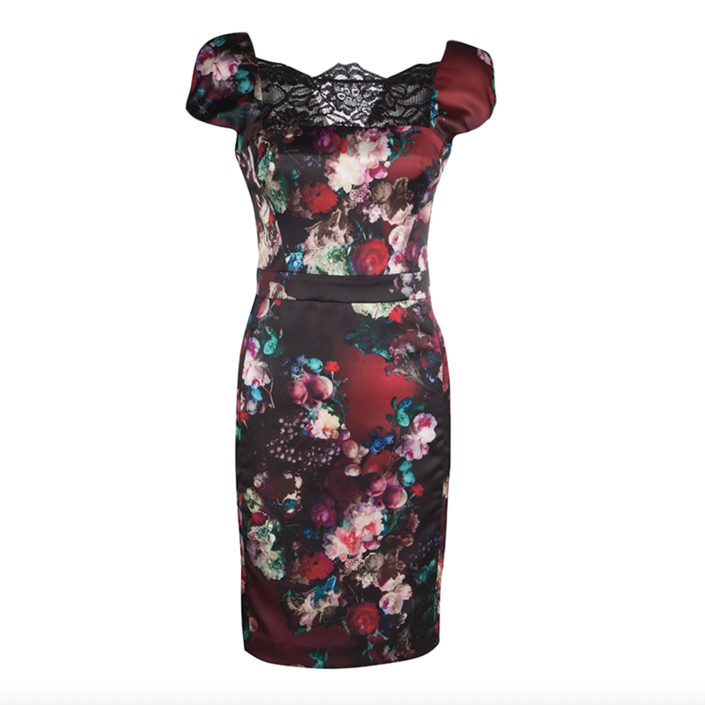 just cavalli satin floral lace neck dress
