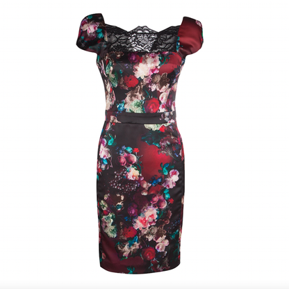just cavalli satin floral lace neck dress