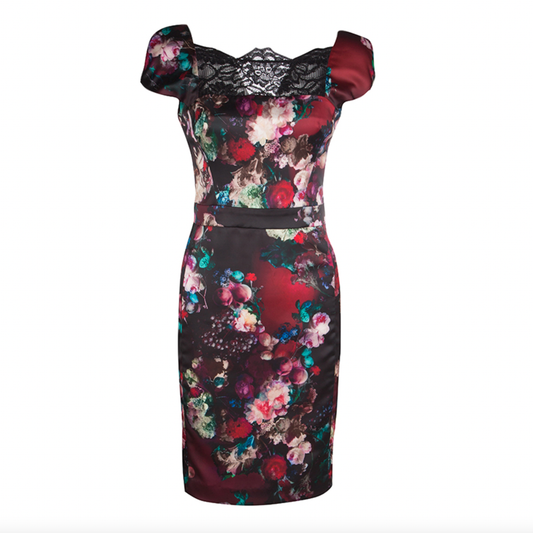 just cavalli satin floral lace neck dress