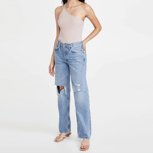 525 yellow ribbed braided one shoulder tank