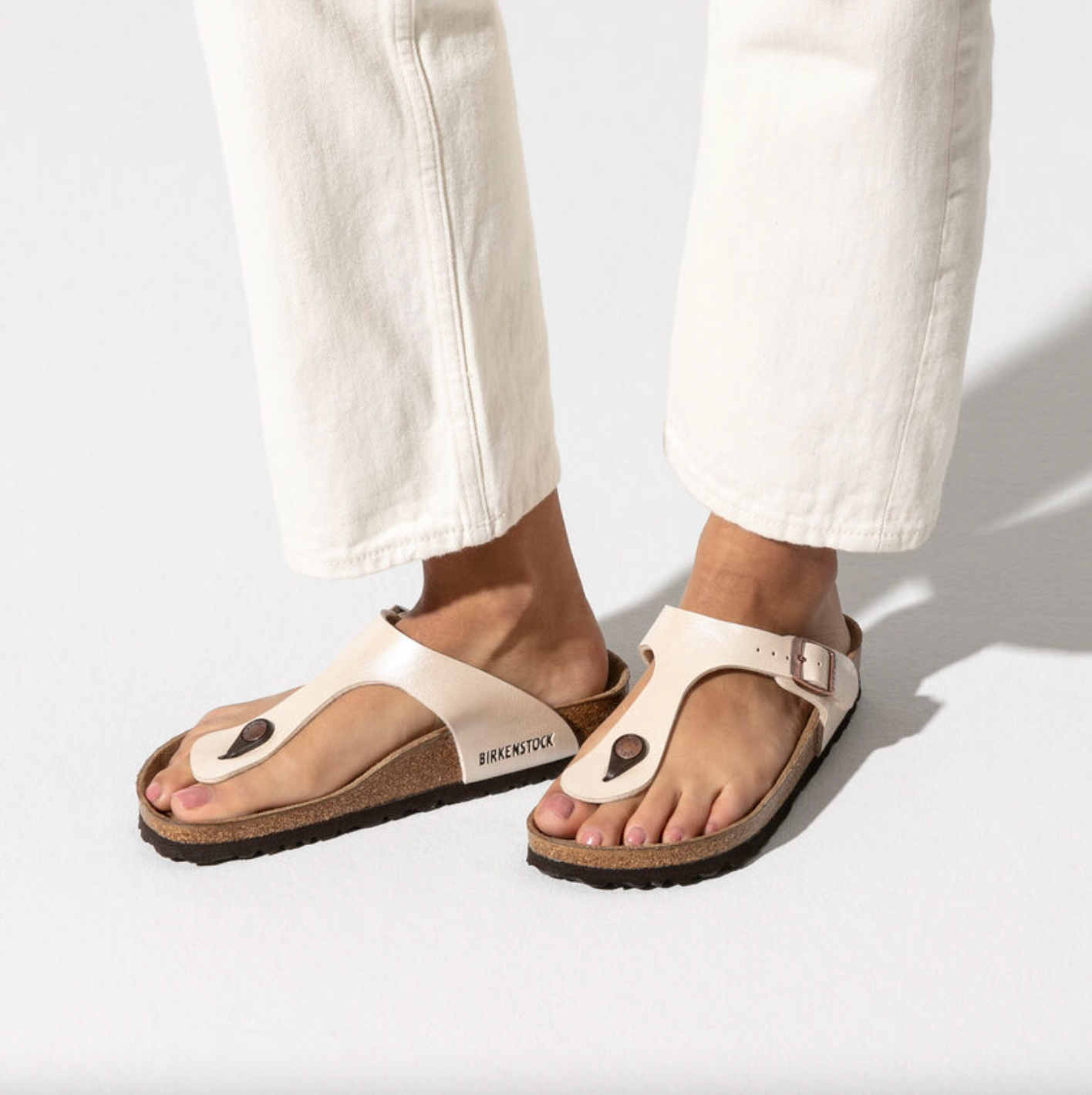 birkenstock white pearl gizeh sandals