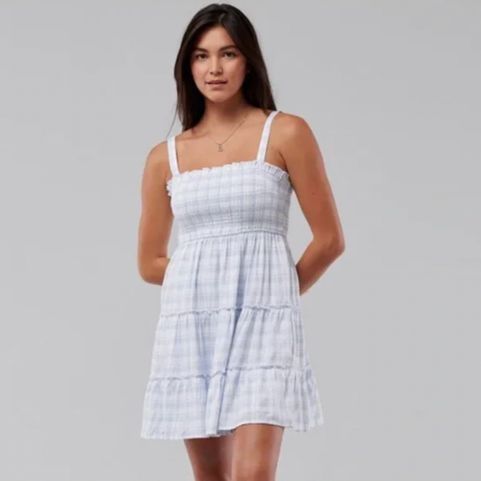 hollister smocked top tiered plaid mini dress