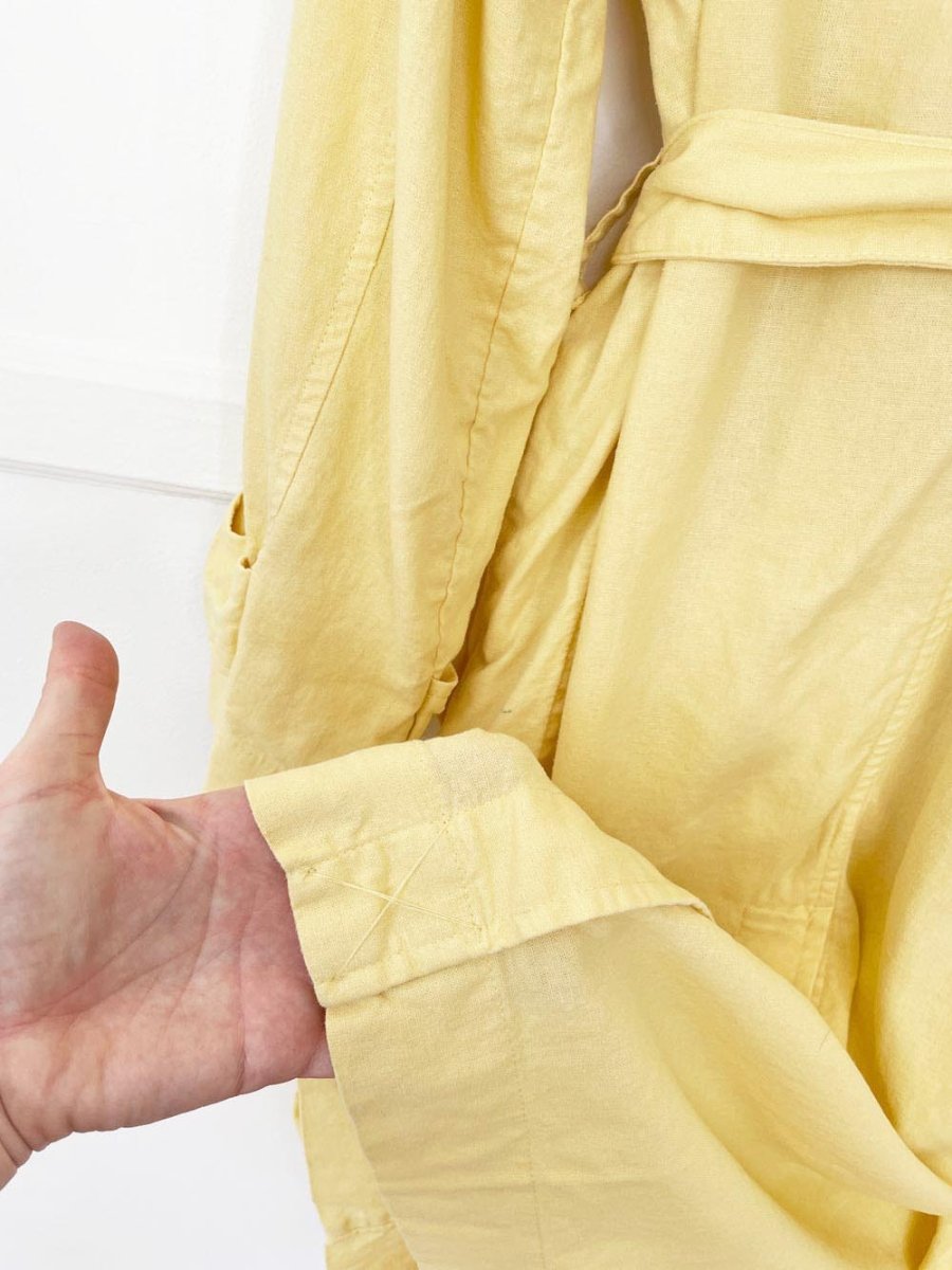 a new day linen - blend butter yellow trench coat - good market thrift store