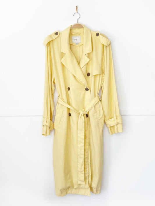 a new day linen - blend butter yellow trench coat - good market thrift store