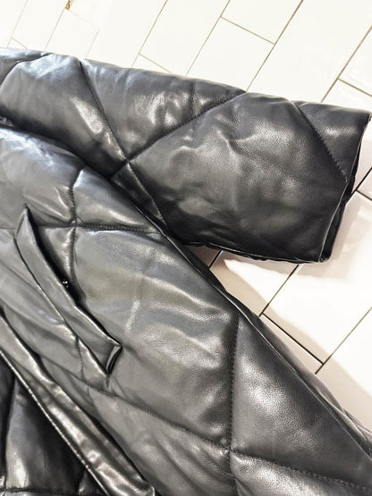 abercrombie quilted faux leather hooded long puffer coat - good market thrift store