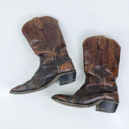 vintage 70s acme tooled leather cowboy boot - size 39
