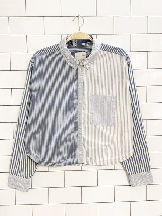 AE boxy cropped full button blue stripe shirt - good market thrift store