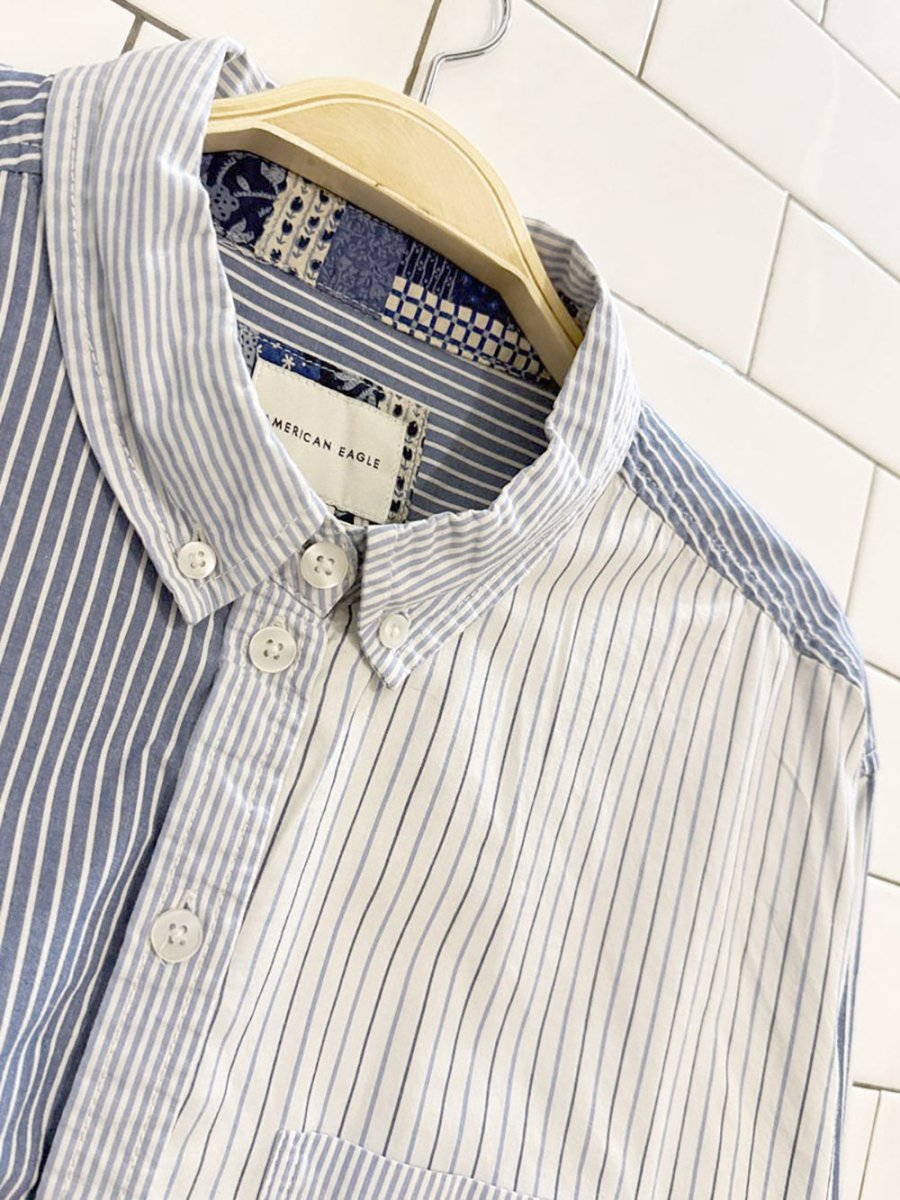 AE boxy cropped full button blue stripe shirt - good market thrift store