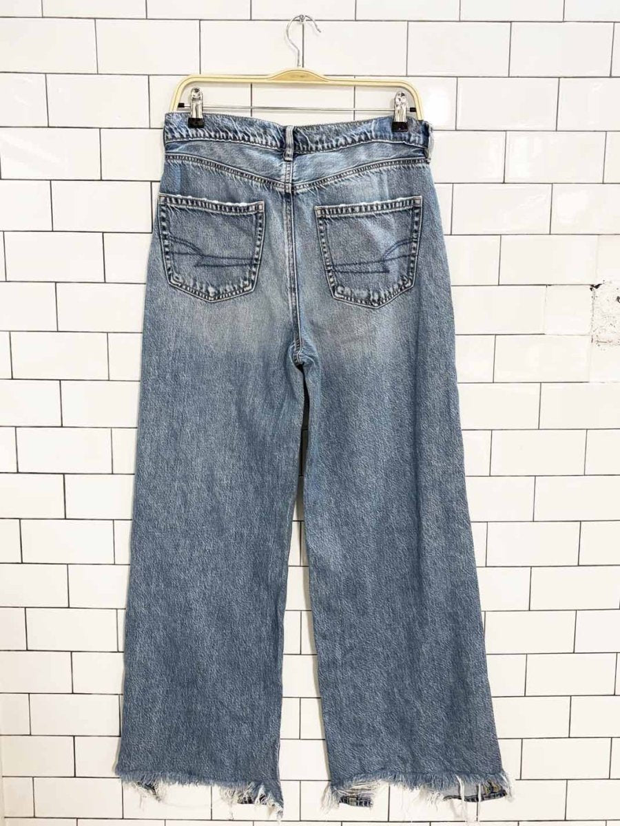 ae super high rise baggy wide leg chewed hem jeans | american eagle - good market thrift store