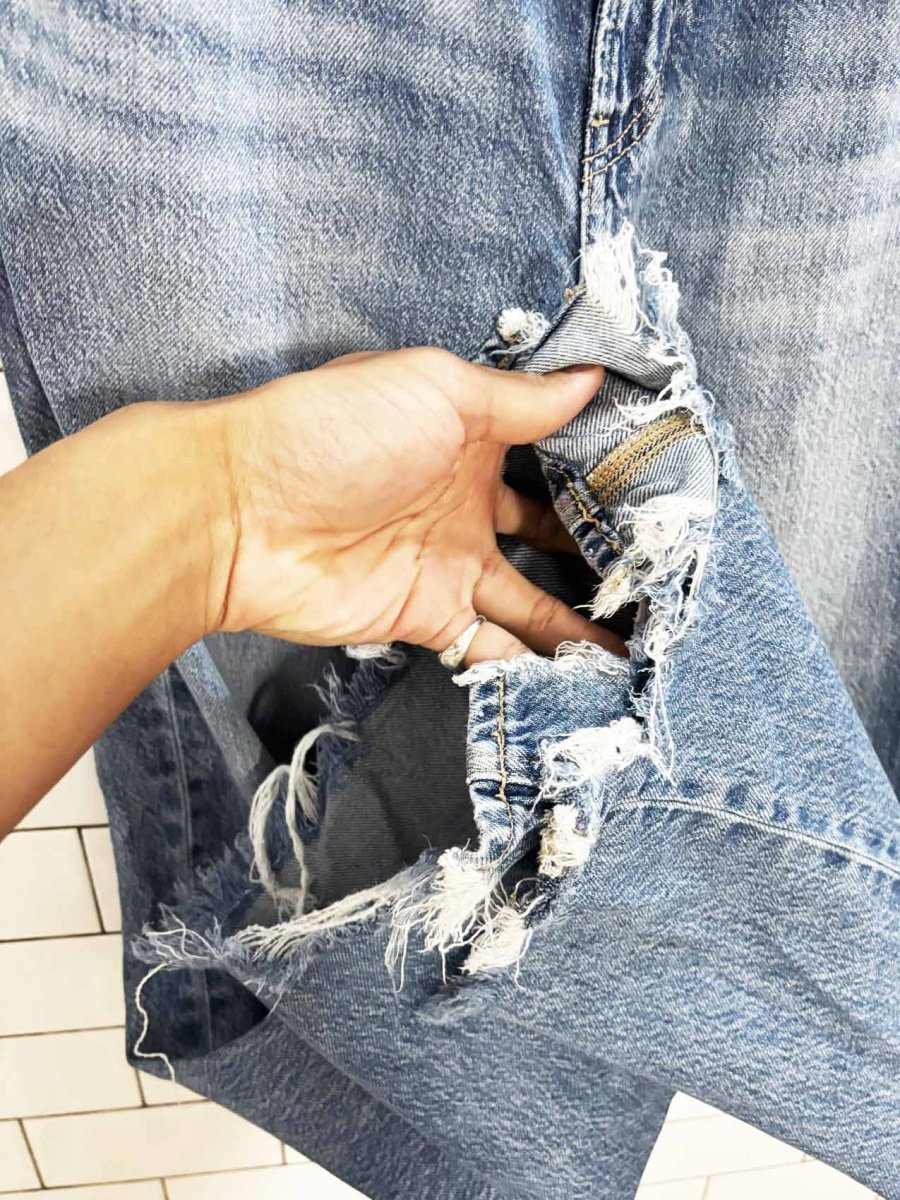 ae super high rise baggy wide leg chewed hem jeans | american eagle - good market thrift store