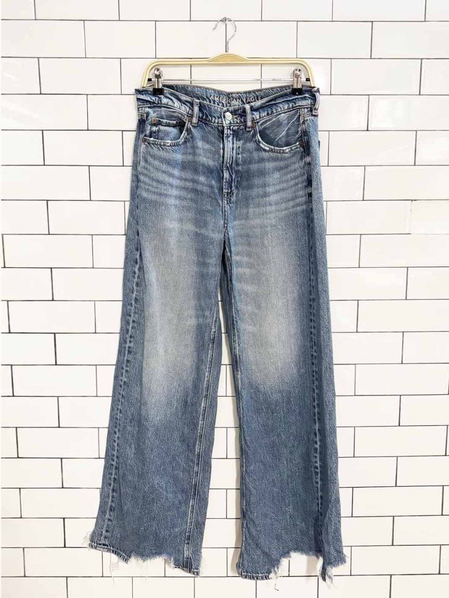 ae super high rise baggy wide leg chewed hem jeans | american eagle - good market thrift store