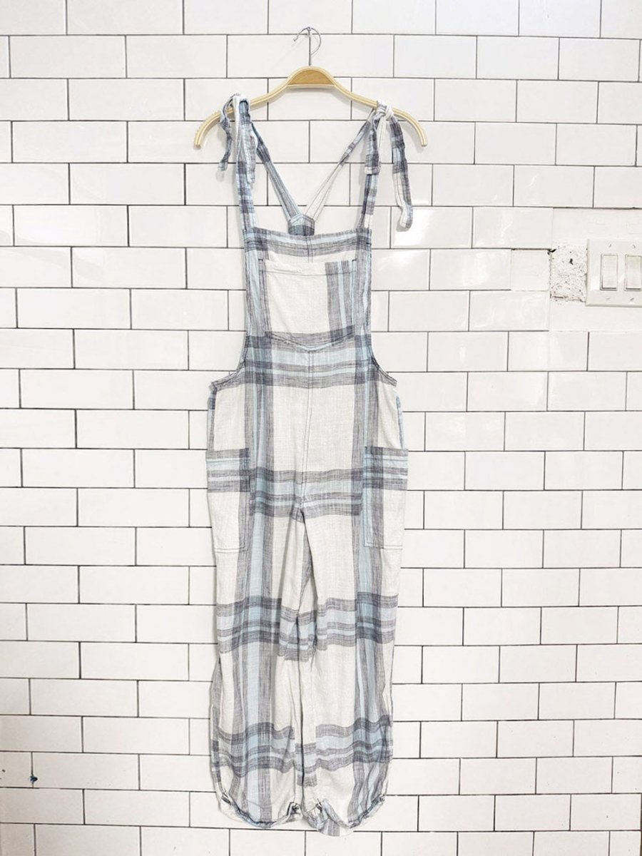 aerie country plaid light cotton tie strap overalls | american eagle - good market thrift store