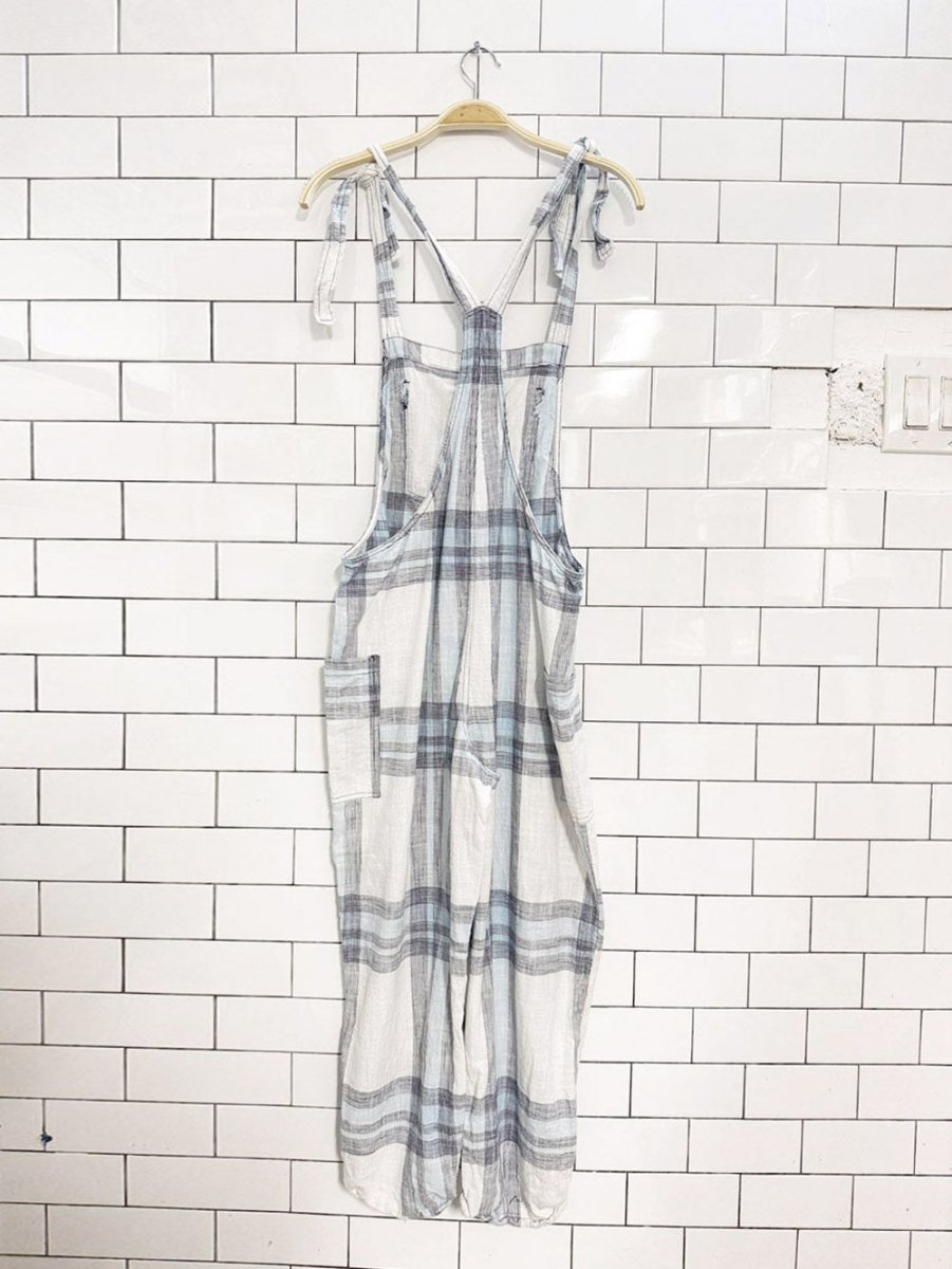 aerie country plaid light cotton tie strap overalls | american eagle - good market thrift store