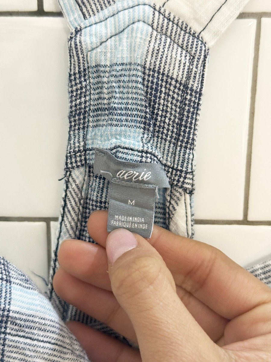 aerie country plaid light cotton tie strap overalls | american eagle - good market thrift store