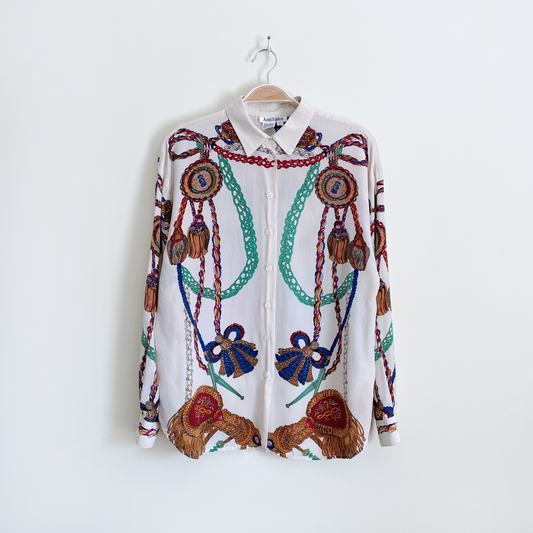 vintage ann taylor chain rope equestrian silk button down - size 8