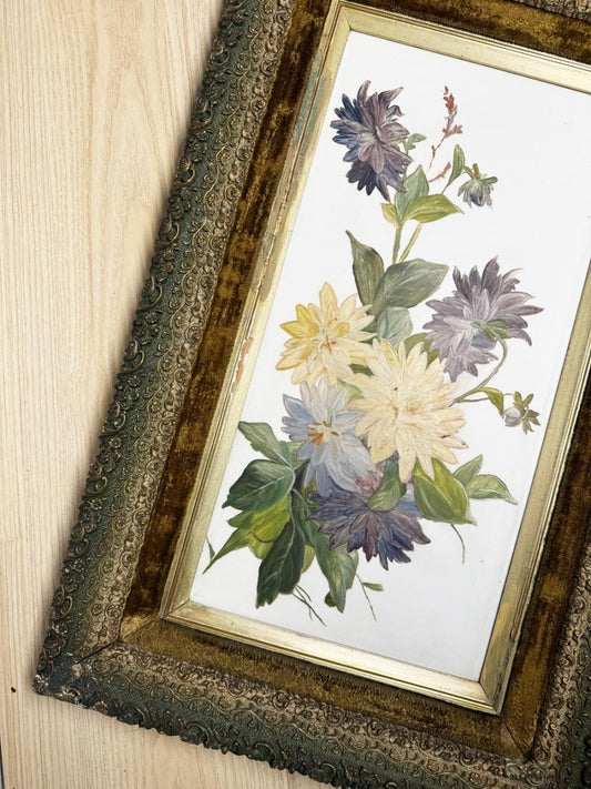 antique 1800s victorian painting of flowers on glass | guilded framed art | john mouat - good market thrift store