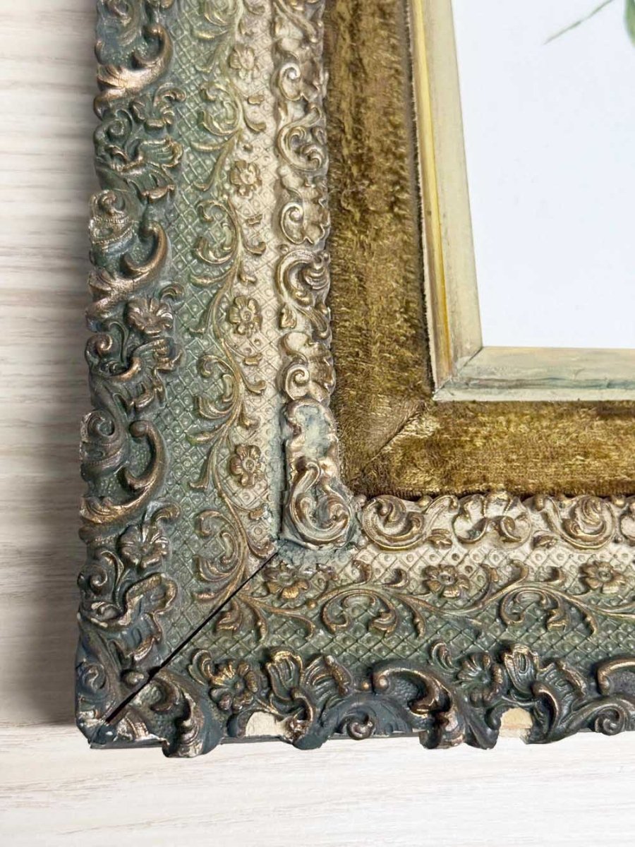 antique 1800s victorian painting of flowers on glass | guilded framed art | john mouat - good market thrift store