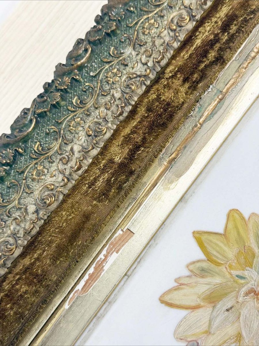 antique 1800s victorian painting of flowers on glass | guilded framed art | john mouat - good market thrift store