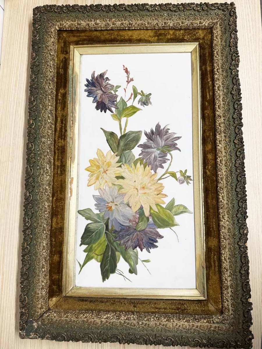 antique 1800s victorian painting of flowers on glass | guilded framed art | john mouat - good market thrift store