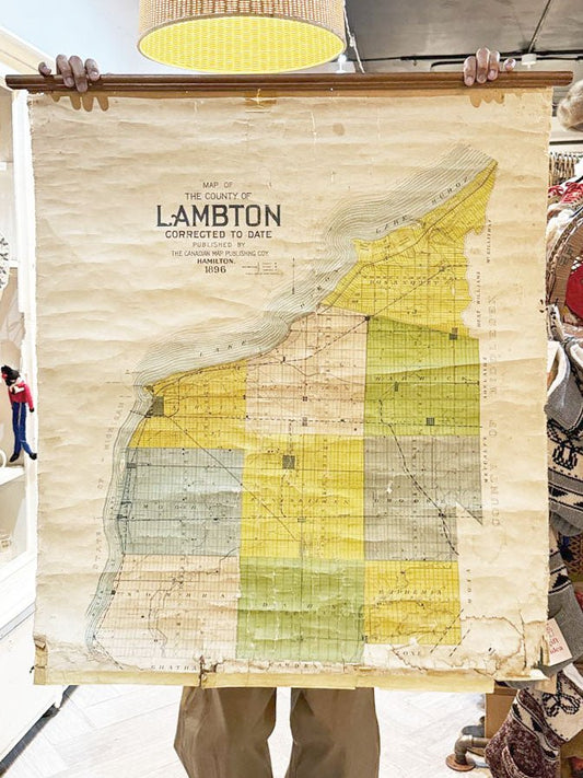 antique 1896 lambton county roll - up map | ontario, lake huron - good market thrift store