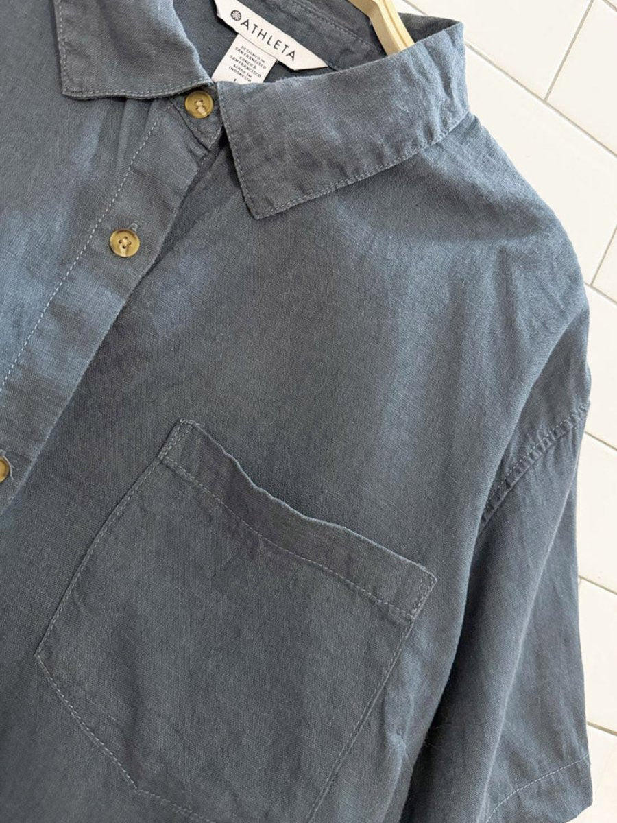 athleta 100% linen retreat boxy full button short sleeve shirt - good market thrift store