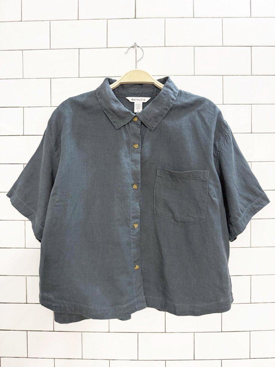 athleta 100% linen retreat boxy full button short sleeve shirt - good market thrift store