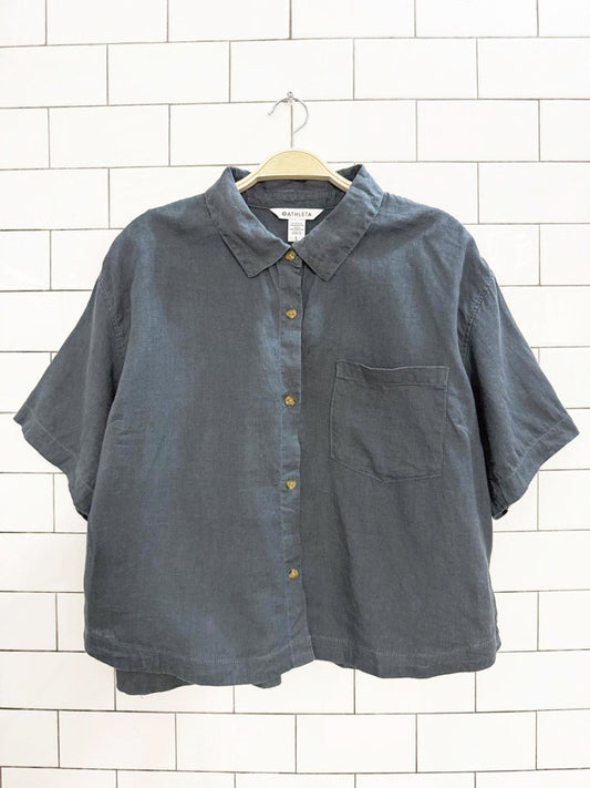 athleta 100% linen retreat boxy full button short sleeve shirt - good market thrift store