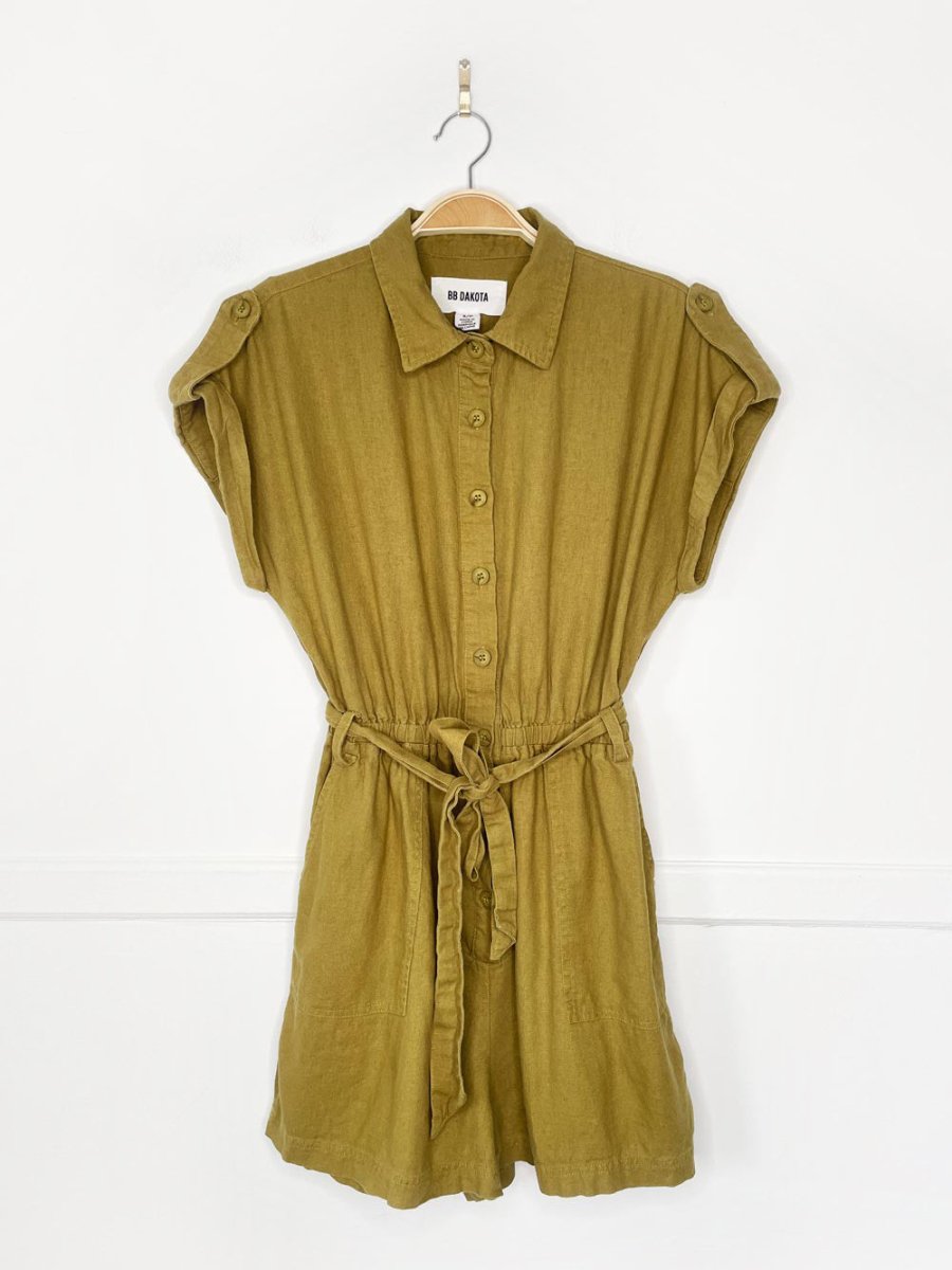 bb dakota linen - blend belted utility romper - good market thrift store