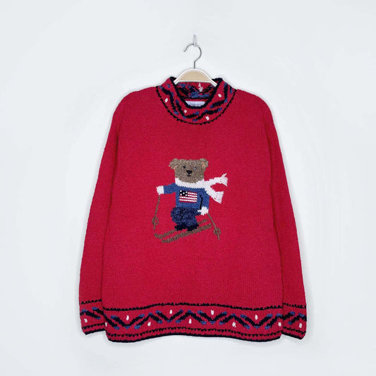 vintage 90s marissa christina skiing teddy bear usa knitted sweater - size medium