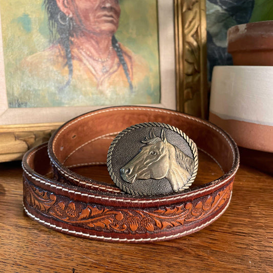 vintage ADM brass horse buckle tooled leather belt - size 34