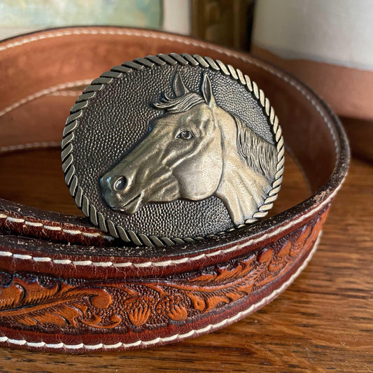 vintage ADM brass horse buckle tooled leather belt - size 34